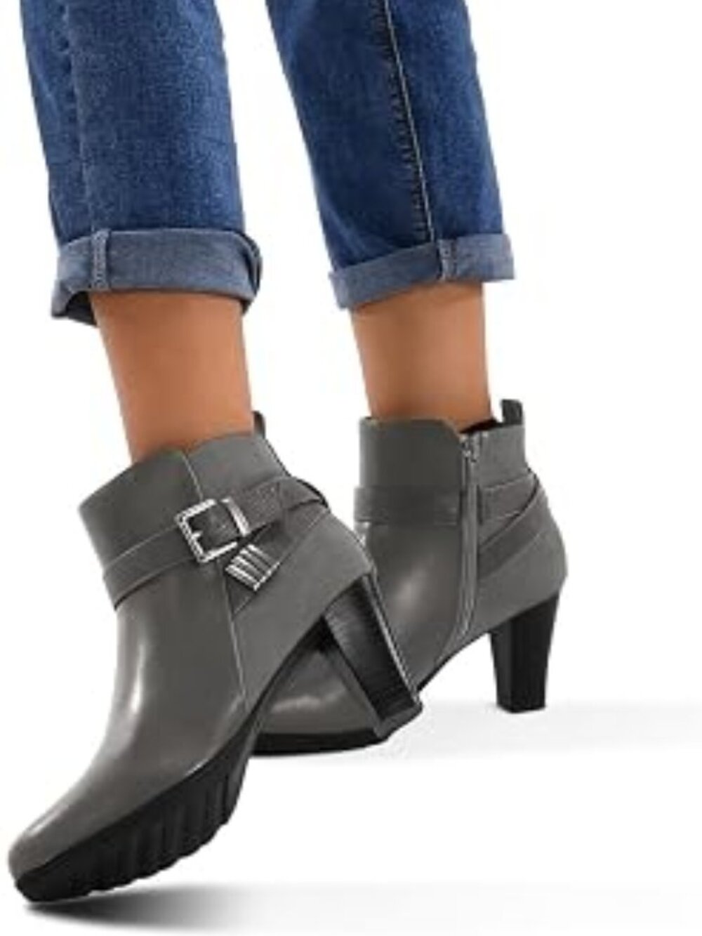 Women's Chunky Stacked Heel Ankle Boots Zipper Buckle Booties